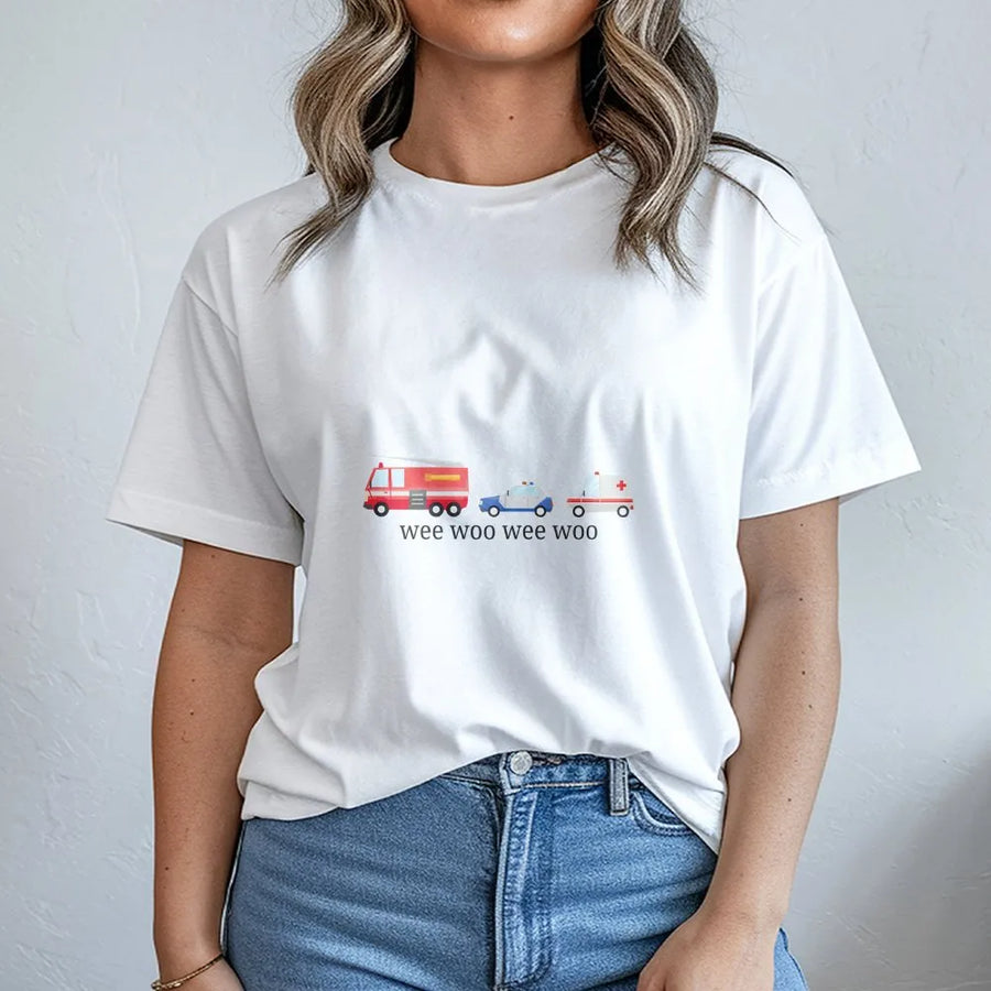 Wee Woo T-Shirt | Cute Emergency Vehicle Graphic Sweatshirt | Premium Cotton Blend | Gift for EMT Firefighter Police
