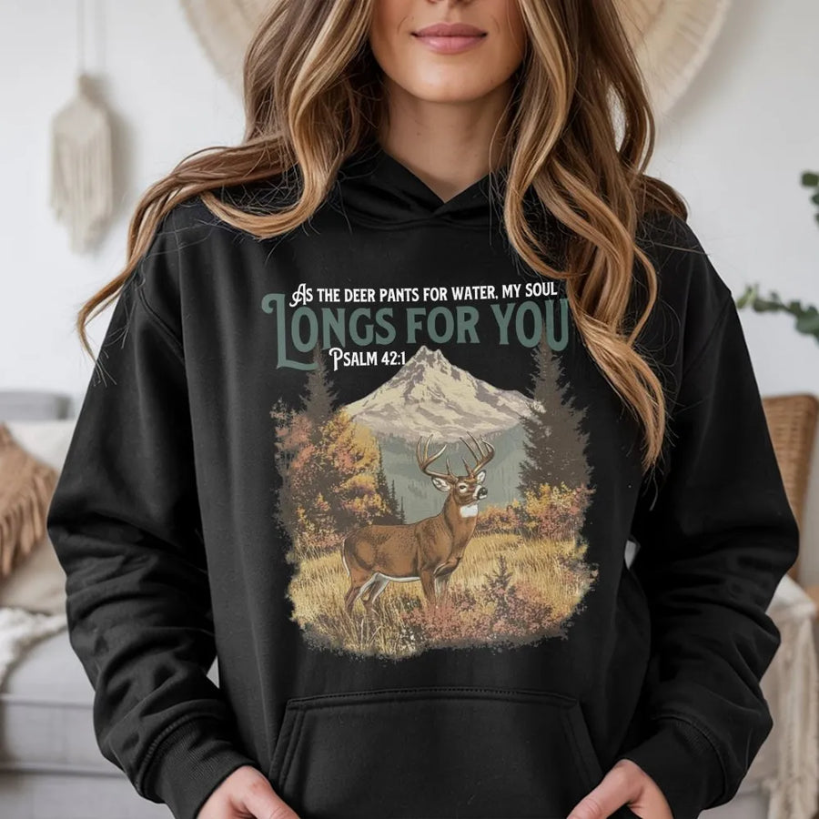 Psalm 42:1 Deer Hoodie | As The Deer Pants For Water Scripture Graphic | Premium Cotton Blend | Christian Gift For Hunters Men Women