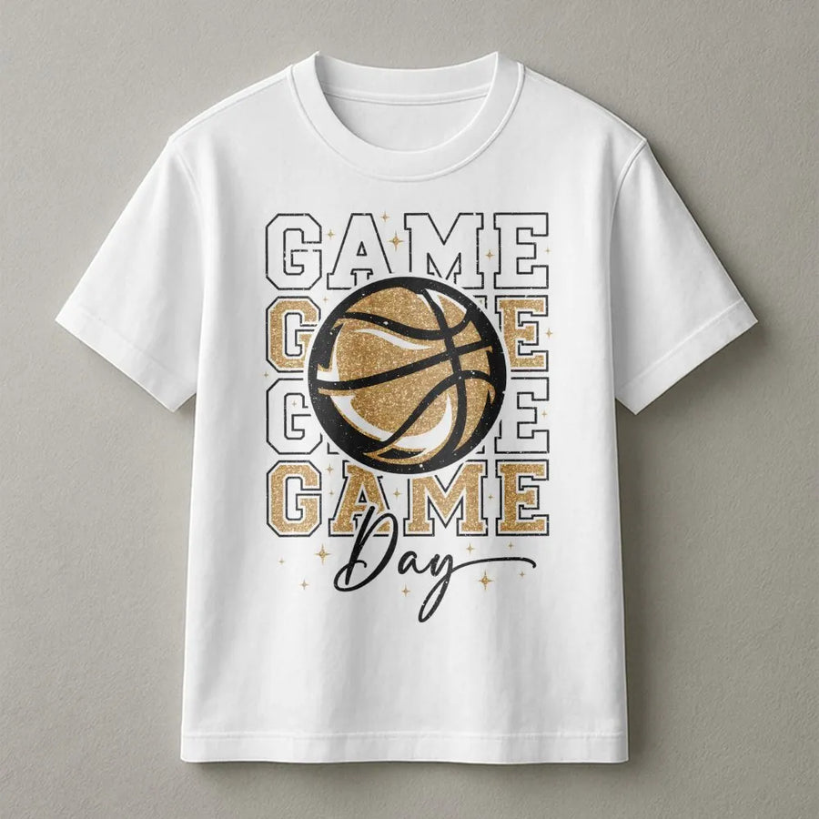 Game Day Basketball T-Shirt | Glitter Gold Graphic Print | Premium Soft Cotton | Basketball Mom Gift and Sports Fan Apparel