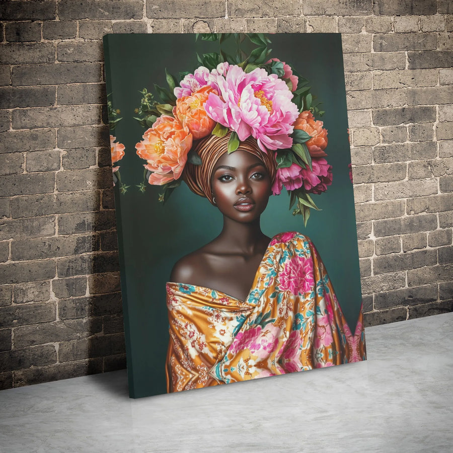 Black Woman Canvas Wall Art | Floral Peony Headdress Portrait | Premium 1.25-Inch Gallery Wrap | African American Decor Gift