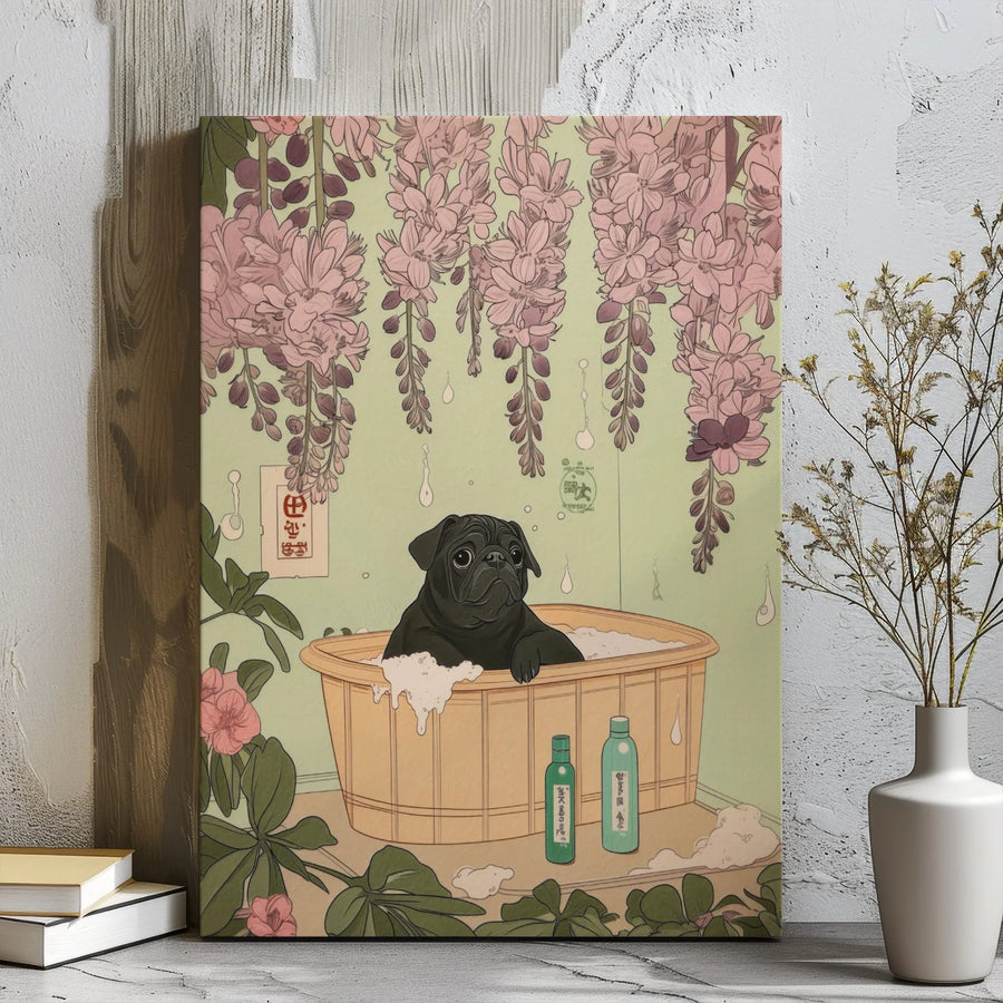 Black Pug Wall Art | Japanese Ukiyo-E Style Bathing Dog with Wisteria | Gallery Wrapped Canvas Print | Unique Dog Lover Gift Home Decor
