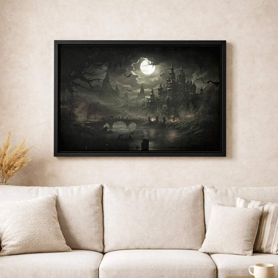 Gothic Castle Canvas Wall Art | Dark Fantasy Night Landscape | Premium 1.25 Inch Gallery Wrap | Spooky Home Decor Gift