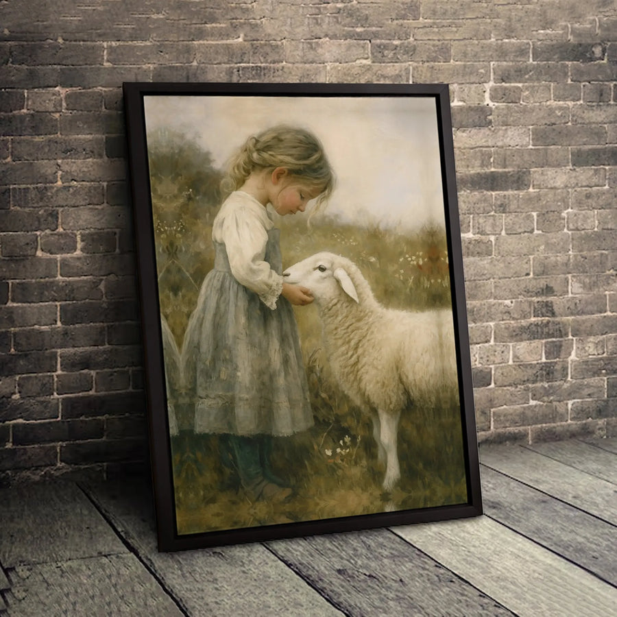 Girl With Lamb Oil Painting | Vintage Farmhouse Wall Art | Premium Gallery Wrapped Canvas | Cottagecore Decor Gift For Nursery
