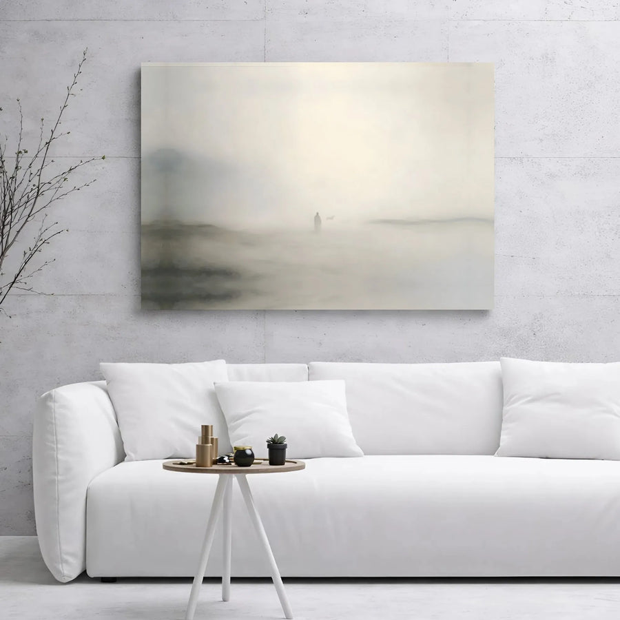Misty Landscape Canvas Wall Art | Ethereal Cloaked Figure and Dog Print | Premium 1.25" Gallery Wrap | Minimalist Home Decor Gift