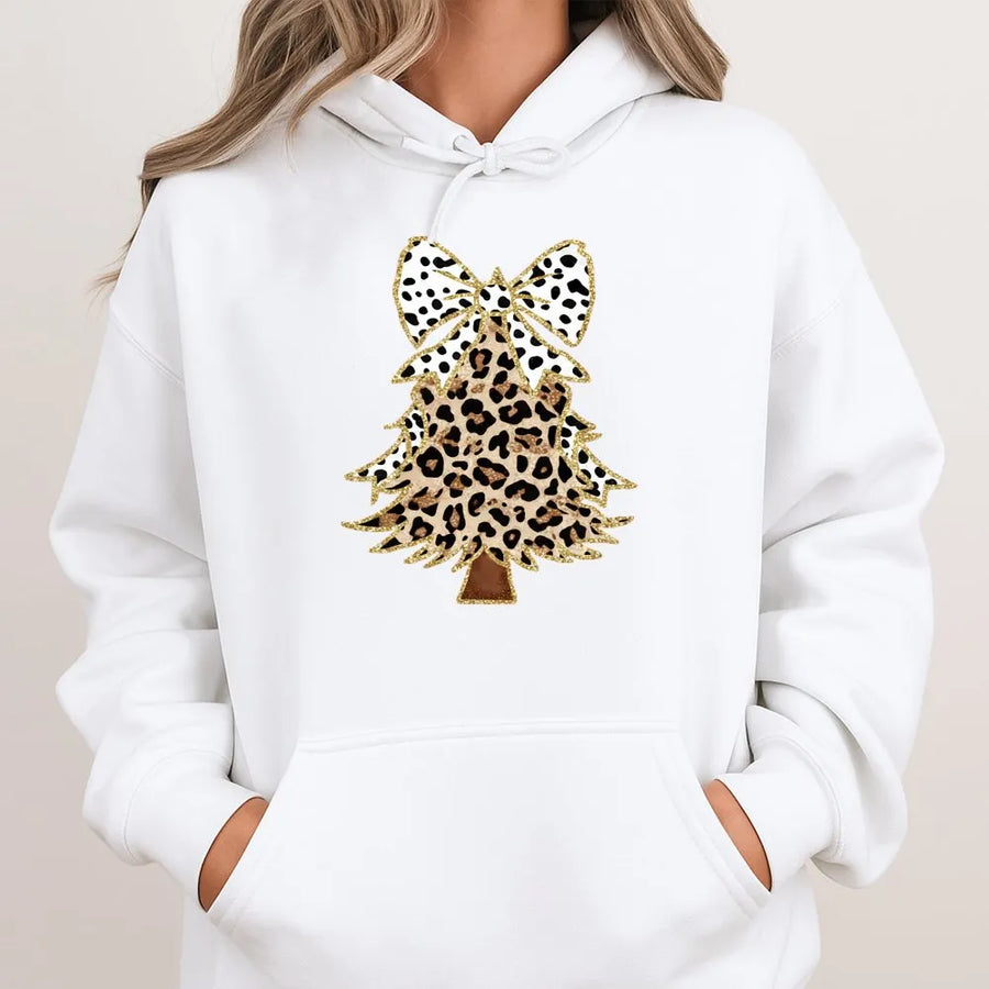 Leopard Print Christmas Tree Hoodie | Festive Animal Pattern Graphic | Premium Cotton Blend | Cozy Holiday Gift for Women and Teen Girls