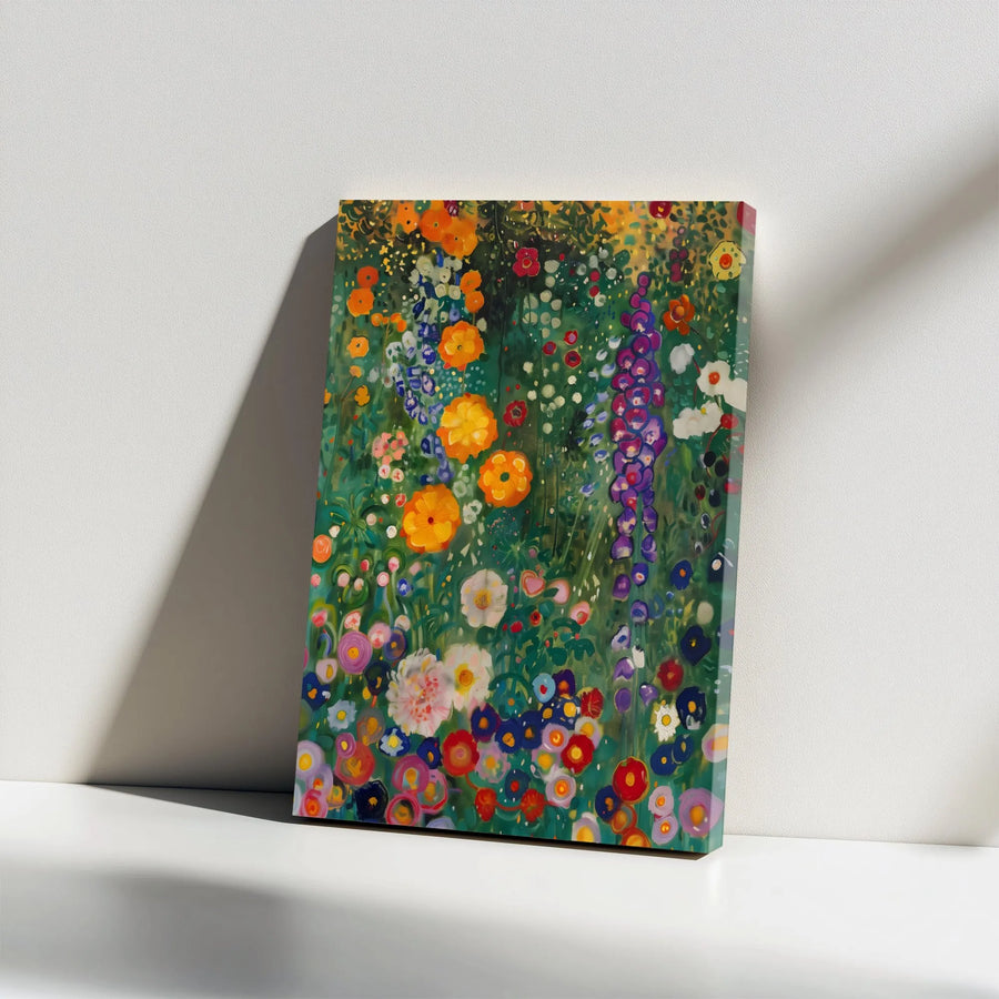 Vibrant Flower Garden Vertical Canvas | Klimt Inspired Botanical Wall Art | Premium Gallery Wrapped Print | Colorful Home Decor Gift