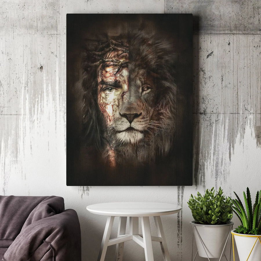Lion of Judah Jesus Canvas Art | Half-Face Lion Crown of Thorns Portrait | Gallery-Wrapped Premium Wall Decor | Christian Faith Gift for Home Office
