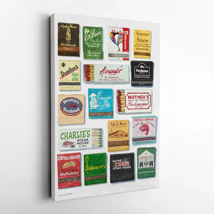 New Orleans Wall Art | Vintage Restaurant Matchbook Collection Print | Premium Gallery Wrapped Canvas | NOLA Souvenir Travel Gift For Foodies