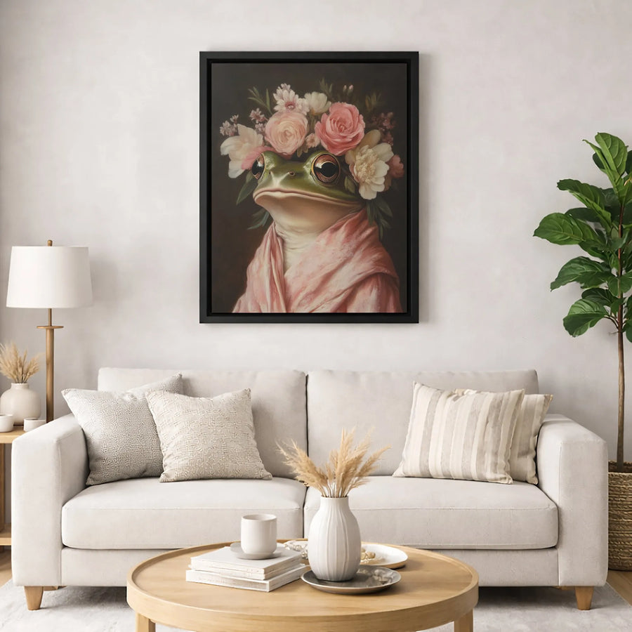 Frog Portrait Canvas Wall Art | Whimsical Frog in Floral Crown | Premium Gallery-Wrapped Print | Unique Gift for Cottagecore Lovers