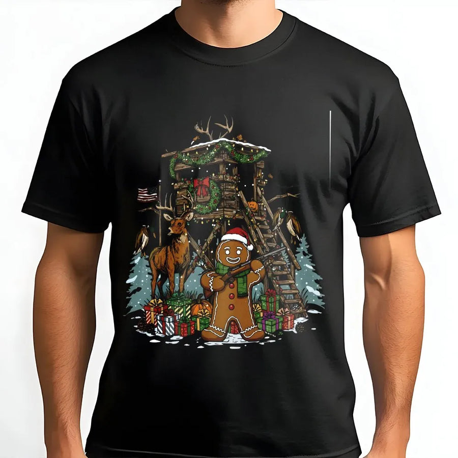 Gingerbread Man Hunting T-Shirt | Funny Christmas Deer Hunting Scene | Premium Soft Cotton Graphic Tee | Unique Gift for Hunters & Outdoorsmen