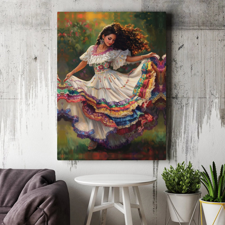 Mexican Folklorico Dancer Canvas Print | Vibrant Traditional Folk Dress Painting | Premium Gallery Canvas | Hispanic Heritage Gift & Latina Wall Decor