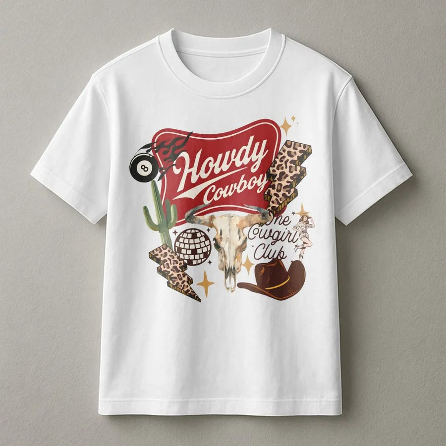 Howdy Cowgirl Club T-Shirt | Retro Western Graphic with Leopard Print | Soft Cotton-Blend Pullover | Boho Country Concert Gift for Women