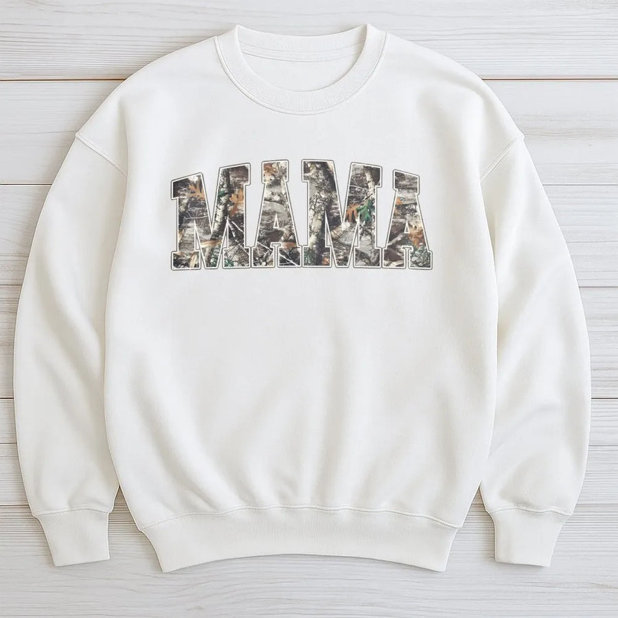 Hunting Mama Sweatshirt | Camouflage Varsity Lettering | Cozy Cotton Blend Crewneck | Gift for Outdoorsy Mom on Mother's Day