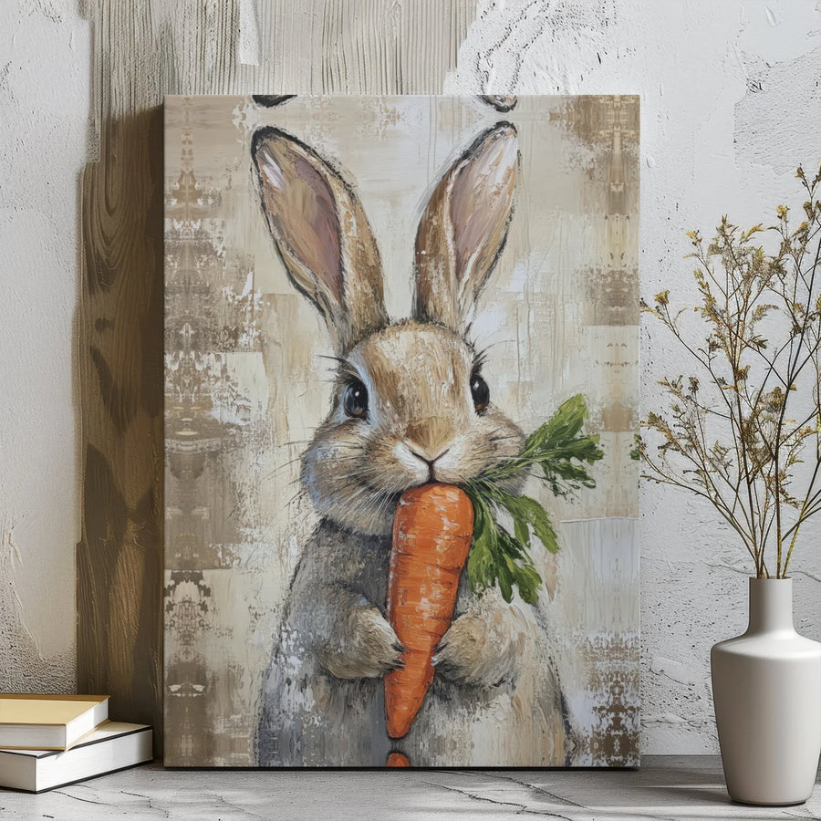 Rustic Bunny Canvas Wall Art | Farmhouse Rabbit Eating Carrot Painting | Gallery Wrapped Premium Print | Nursery & Living Room Decor Gift