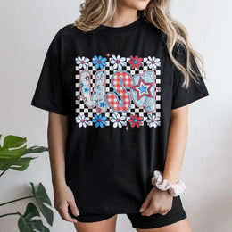 Patriotic USA T-Shirt | Coquette Floral Checkerboard Graphic | Soft Cotton Blend | Preppy 4th of July Gift for Women