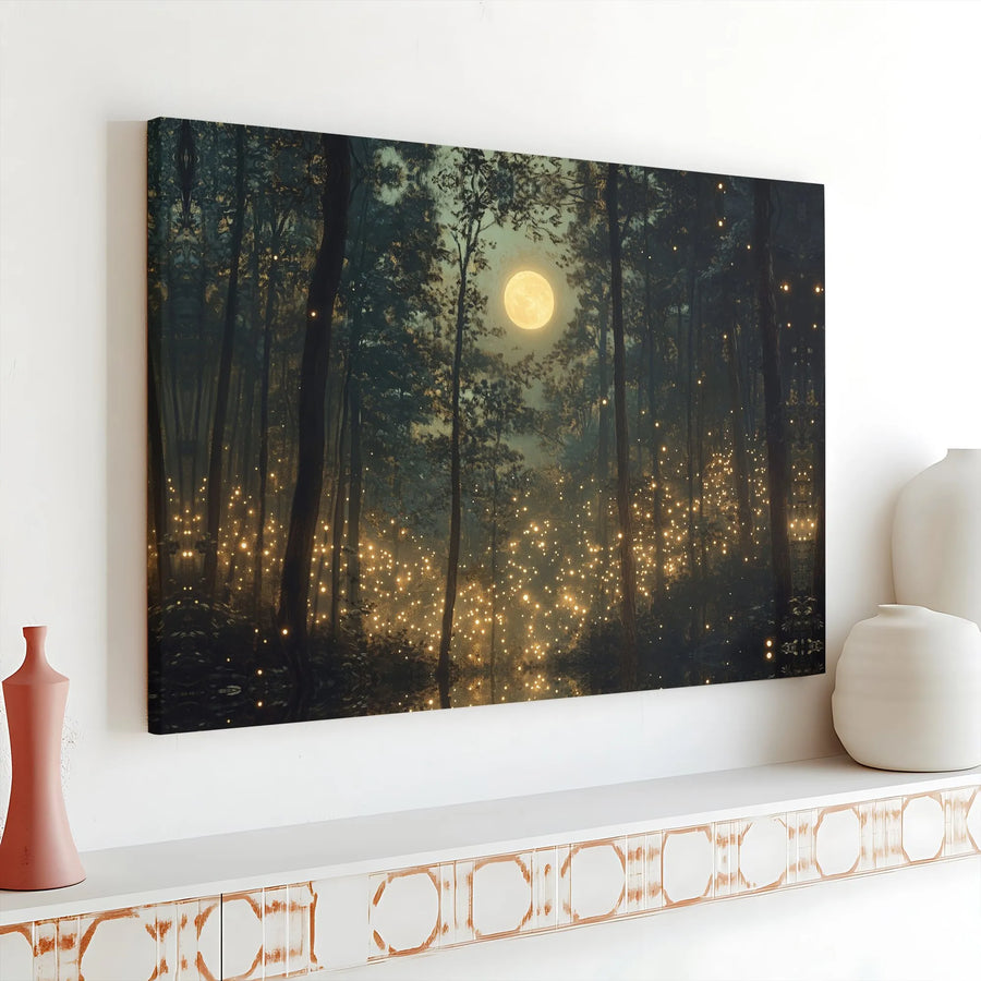 Enchanted Forest Wall Art | Moonlit Firefly Canvas Print | 1.25 Inch Gallery Wrap | Magical Nature Decor for Bedroom or Living Room