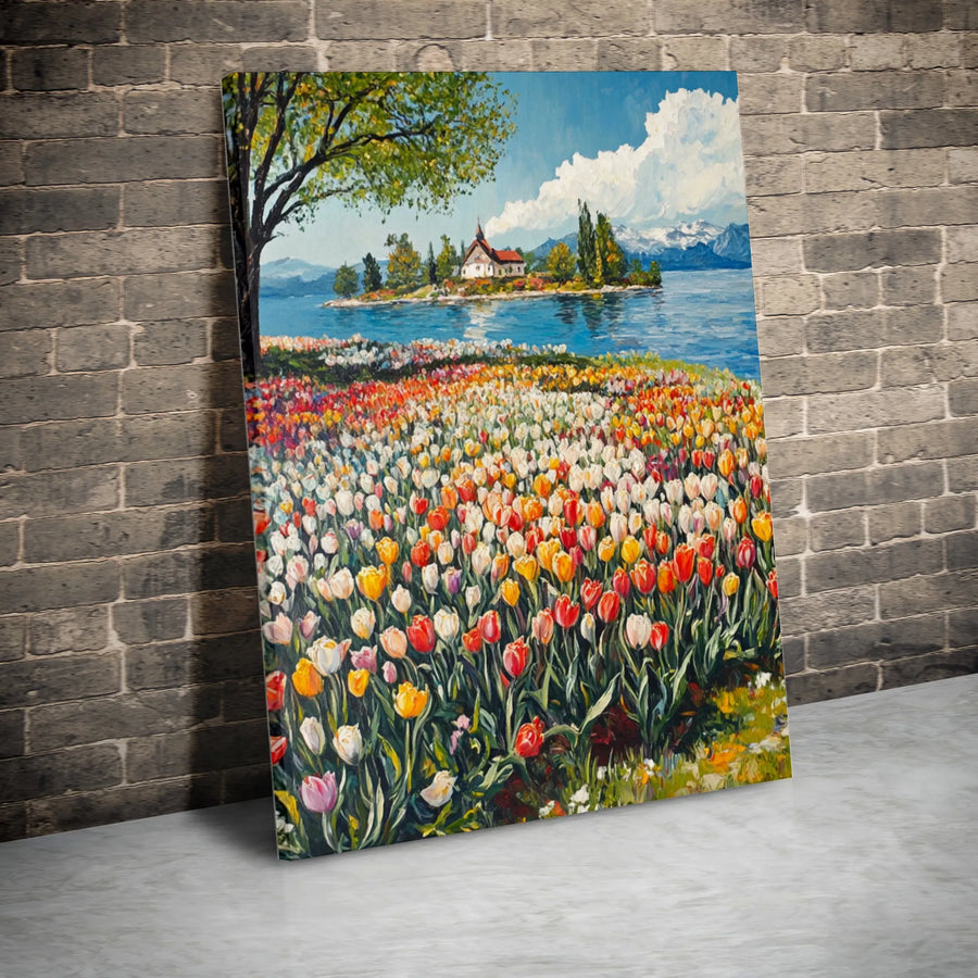Tulip Field Landscape Vertical Canvas | Impressionist Spring Lakeside Painting | Premium High-Resolution Print | Living Room Wall Decor Gift