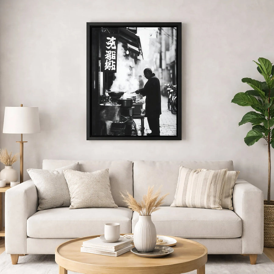 Asian Street Food Canvas Print | Monochrome Chef Cooking Wall Art | 1.25-Inch Gallery Wrap | Restaurant Decor & Culinary Gift