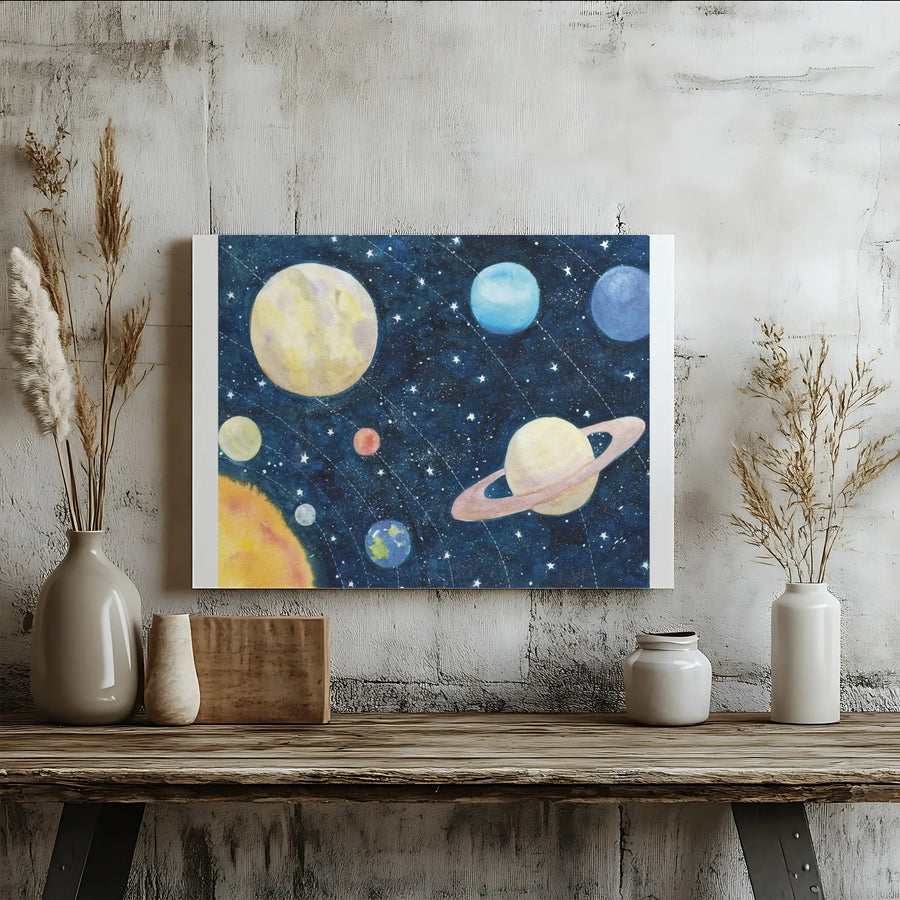 Solar System Canvas Wall Art | Watercolor Planets Illustration | Premium Gallery Wrapped Canvas | Kids Room Decor Gift