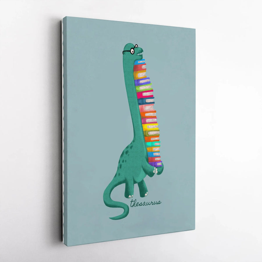 Funny Thesaurus Dinosaur Canvas | Cartoon Bookworm Dino Art Print | Premium Gallery Wrapped Wall Decor | Gift for Readers & Librarians