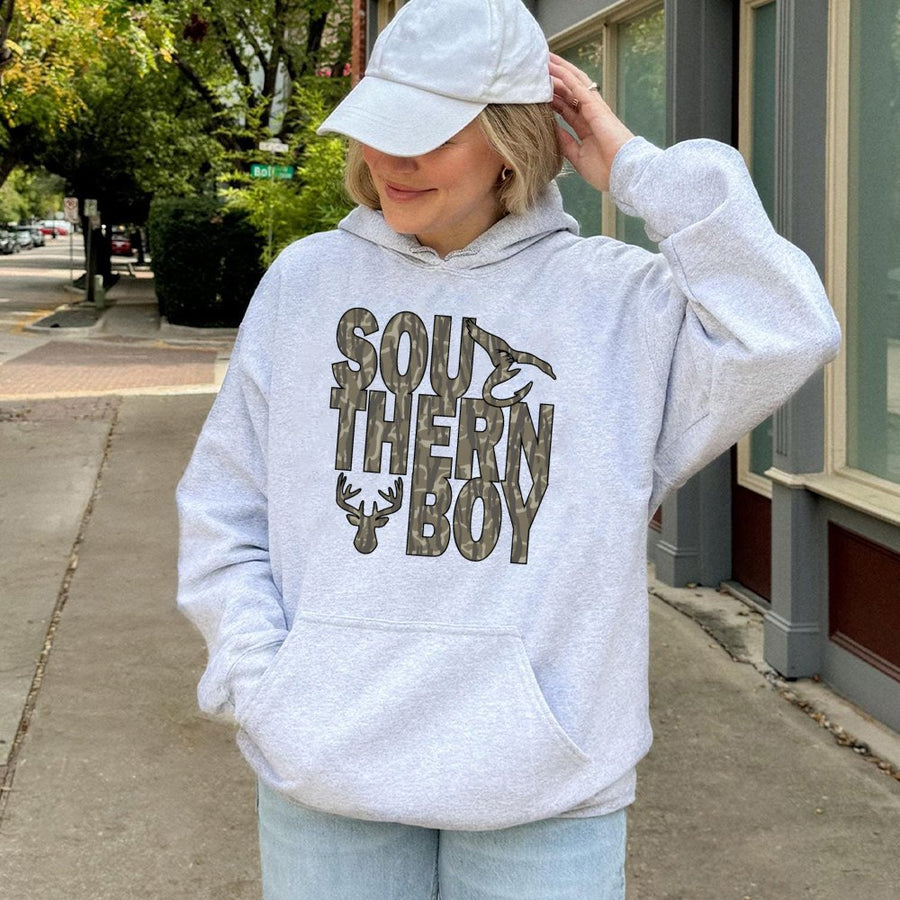 Southern Boy Hoodie | Camo Deer Antler Hunting Graphic | Premium Cotton Blend | Gift for Country Men & Outdoor Lovers