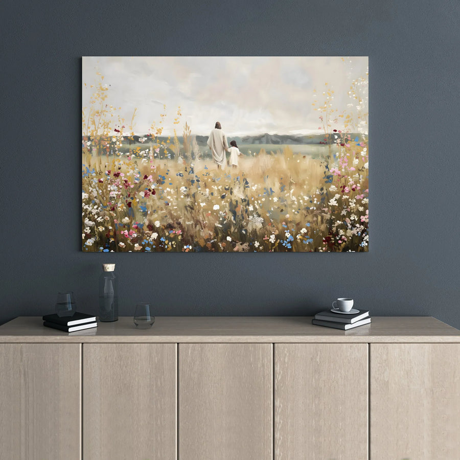 Jesus and Child Canvas Wall Art | Walking in Wildflower Field Print | 1.25 Inch Gallery Wrap | Religious Home Decor Gift