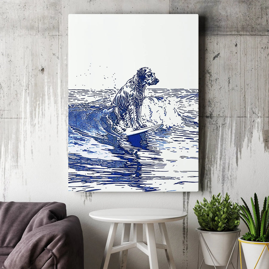 Surfing Dog Canvas Wall Art | Navy Blue Linocut Print | Premium Fade-Resistant Gallery Wrap | Coastal Beach House Decor Gift