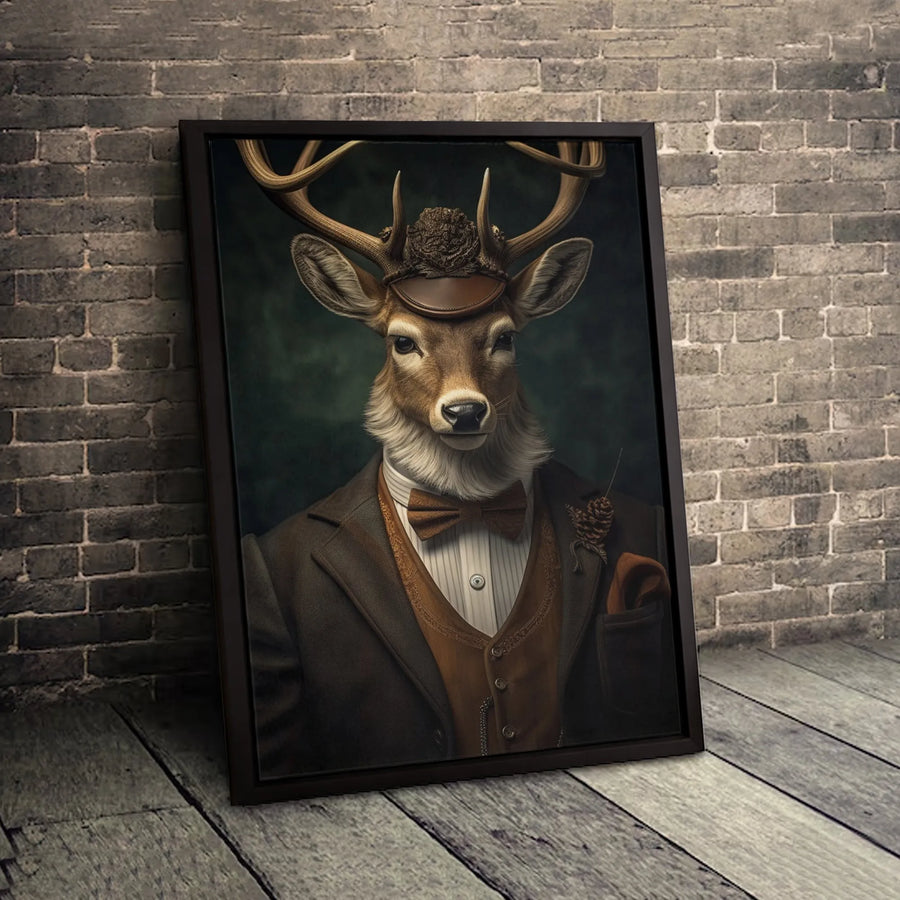 Dapper Deer Portrait Wall Art | Gentleman Stag in Suit and Hat | Premium Gallery Wrap Canvas | Rustic Farmhouse Office Decor Gift