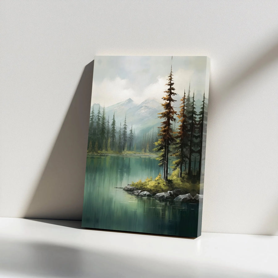 Mountain Lake Canvas Wall Art | Misty Pine Forest Painting | Premium Gallery Wrapped Canvas | Living Room & Cabin Decor Gift