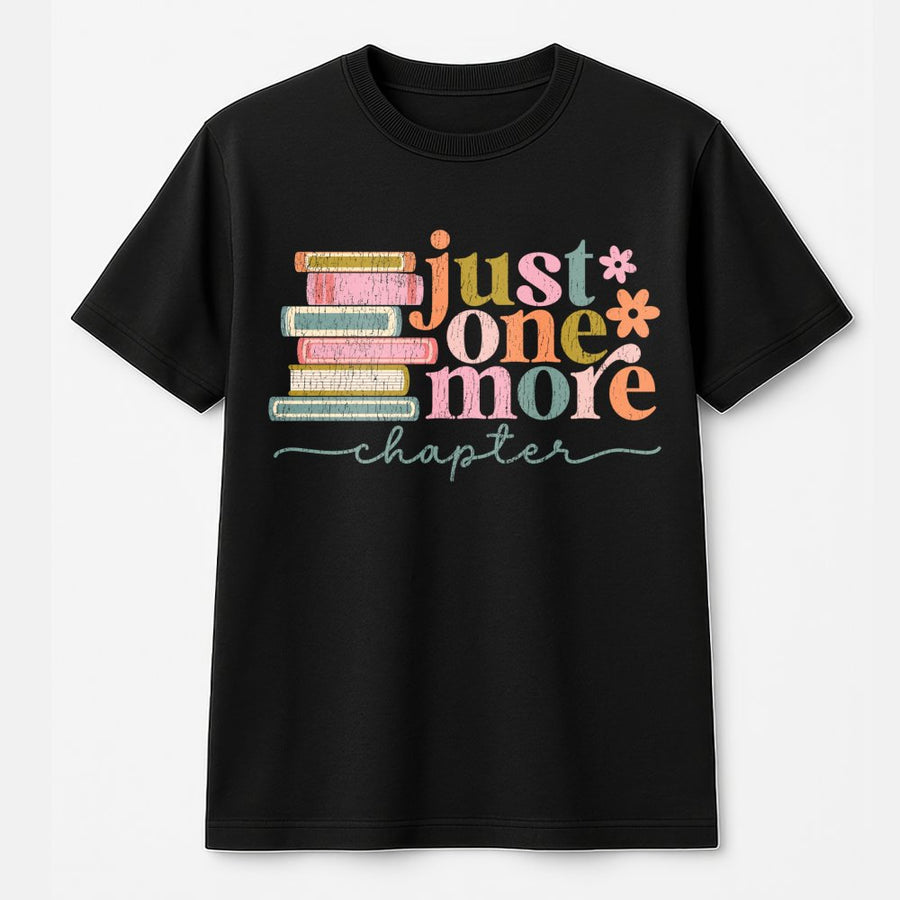 Just One More Chapter T-Shirt | Retro Book Stack Graphic Design | 100% Cotton Premium Tee | Gift for Book Lovers and Readers