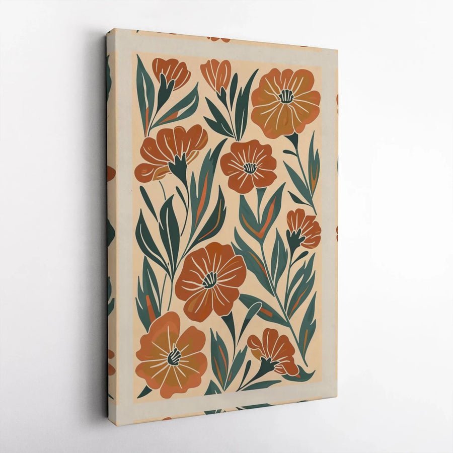 Retro Floral Canvas Wall Art | Burnt Orange and Sage Green Botanical Print | Premium 1.25 Inch Gallery Wrap | Modern Boho Home Decor Gift
