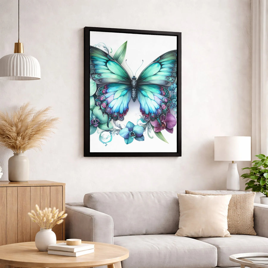 Teal Butterfly Canvas Wall Art | Watercolor Orchid Floral Print | Premium Gallery Wrapped Decor | Nature Lover Living Room Gift