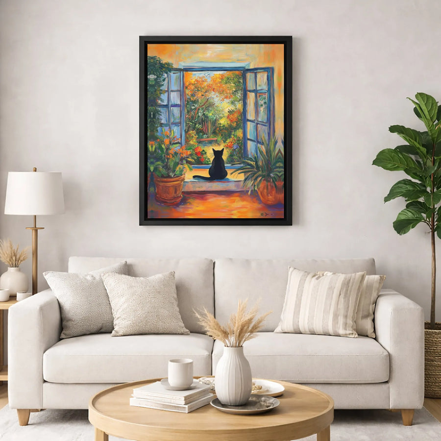 Black Cat Wall Art | Impressionist Garden View Canvas Print | Premium Gallery Wrapped Decor | Gift for Cat Lovers