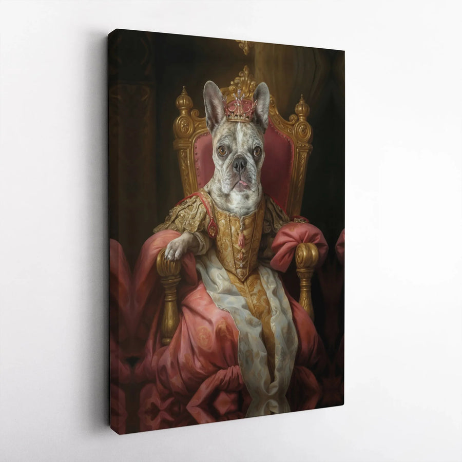Royal Queen French Bulldog Canvas Wall Art | Regal Pet Portrait on Throne | Premium Fade-Resistant Gallery Wrap | Unique Dog Lover Gift
