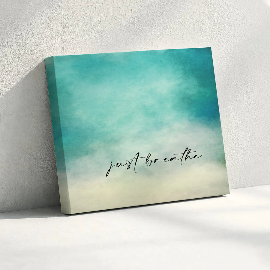 Just Breathe Canvas Wall Art | Minimalist Teal Watercolor Print | Premium Gallery Canvas | Yoga Studio Decor & Mindfulness Gift