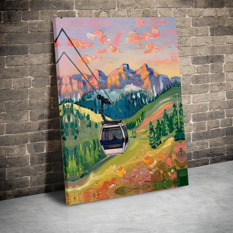 Scenic Gondola Mountain Vertical Canvas | Colorful Impressionist Ski Resort Landscape Wall Art | Premium 1.25 Inch Thick Frameless Canvas Print | Vibrant Winter Sports Cabin Decor Gift