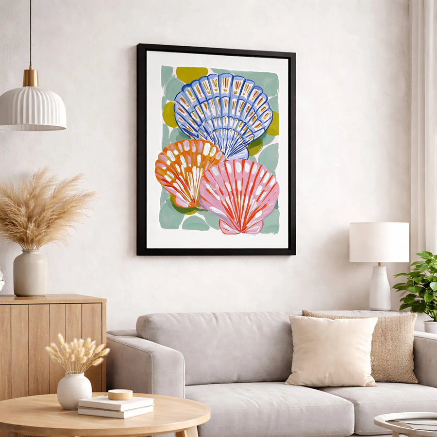 Seashell Wall Art Canvas | Colorful Coastal Scallop Shell Painting | Premium Fade-Resistant Gallery Wrap | Modern Beach House Decor Gift