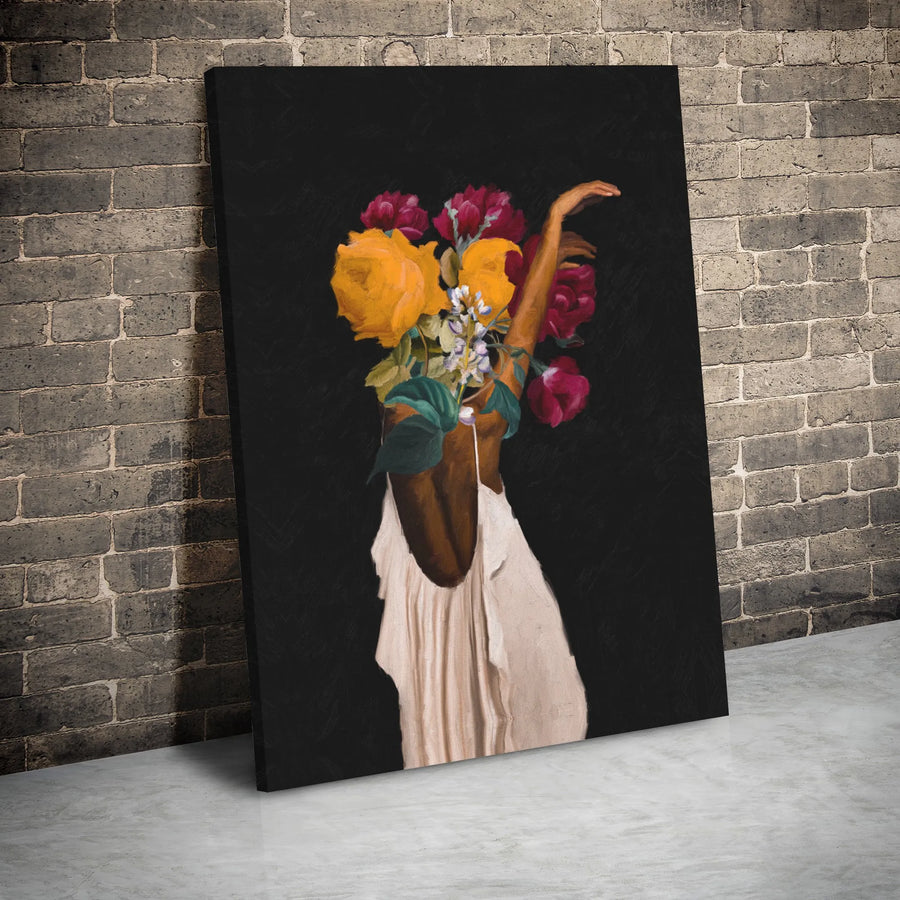 Black Woman Floral Portrait Canvas | Surreal Botanical Head Art | Premium Gallery Wrap Print | Modern Feminine Home Decor Wall Art
