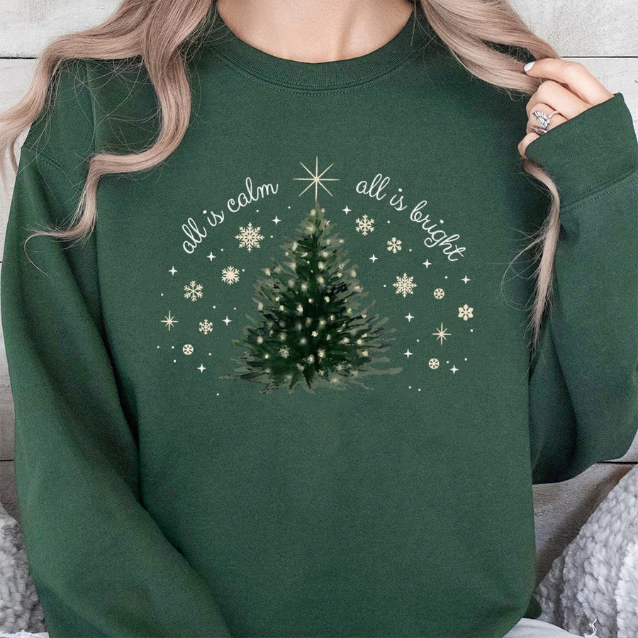 All Is Calm All Is Bright Sweatshirt | Minimalist Christmas Tree Graphic | Soft Cotton-Poly Blend | Festive Holiday Gift for Women and Men