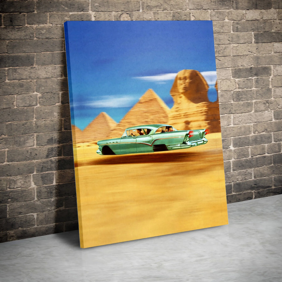 Surreal Flying Vintage Car Canvas | Egyptian Pyramids Sphinx Wall Art | 1.25 Inch Gallery Wrap | Unique Travel Decor Gift for Car Enthusiasts
