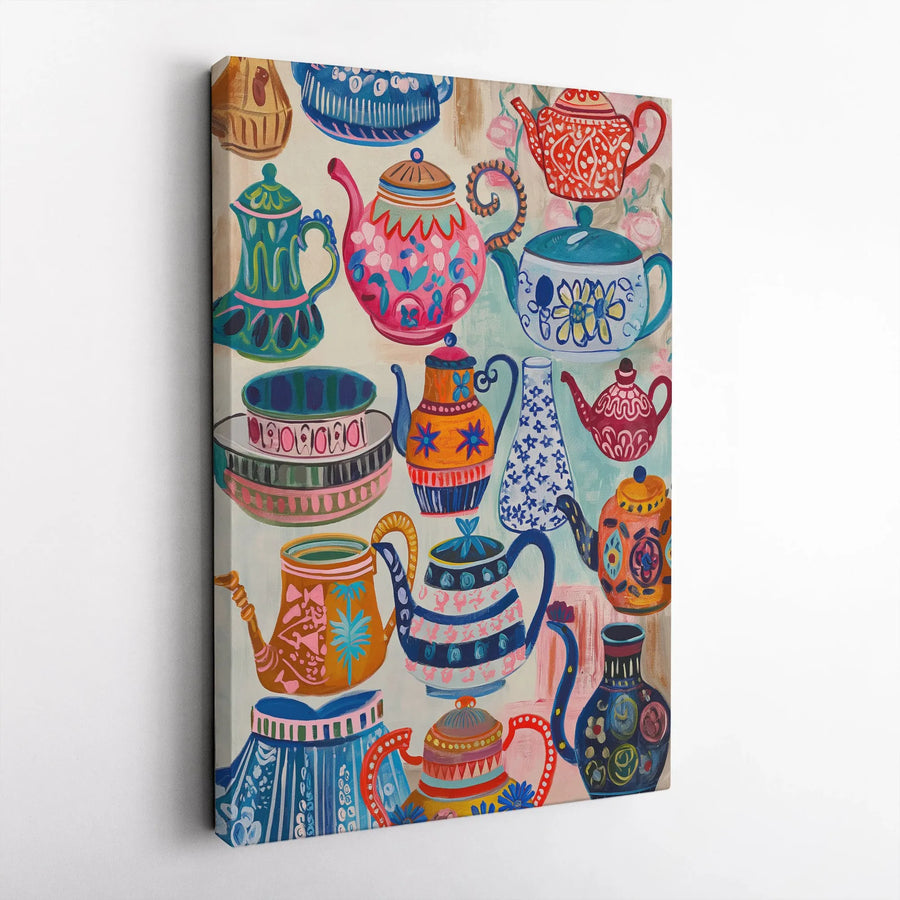 Colorful Teapot Art Canvas Print | Bohemian Folk Art Kitchen Decor | Premium 1.25-Inch Gallery Wrap | Whimsical Coffee Lover Wall Art Gift