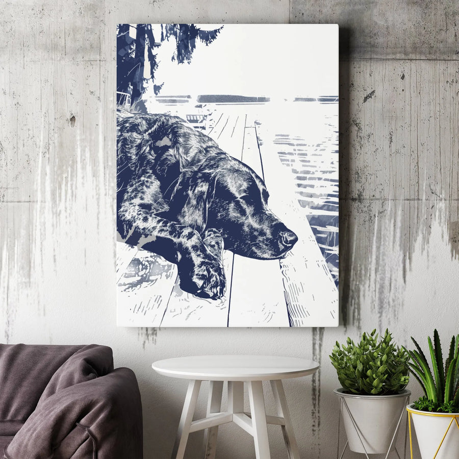 English Setter Dog Wall Art | Relaxing On A Dock Sketch Print | Premium Gallery-Wrapped Canvas | Dog Lover Home Decor Gift