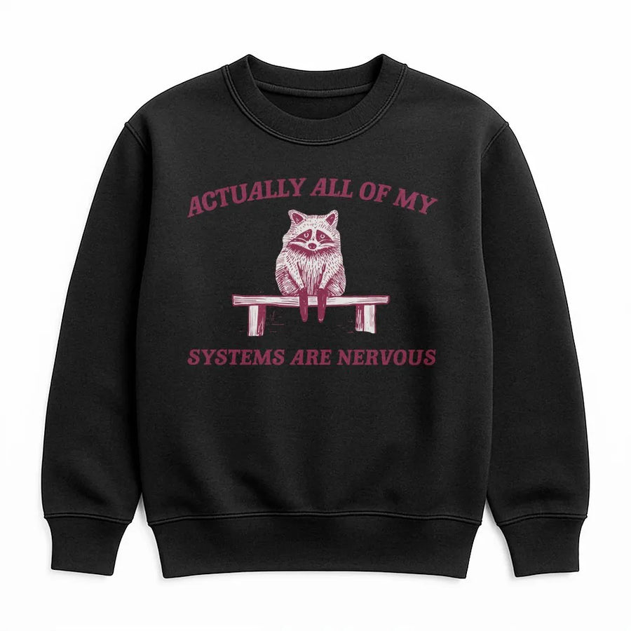 Actually All My Systems Are Nervous Sweatshirt | Funny Anxious Raccoon Meme Quote | Soft Cotton Blend Pullover | Sarcastic Humor Gift for Men and Women