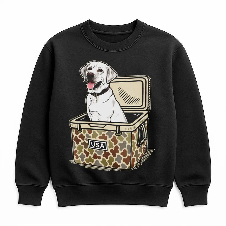 White Labrador Sweatshirt | Camo Cooler USA Hunting Dog Graphic | Premium Cotton Blend | Gift for Dog Mom Dad Outdoorsmen