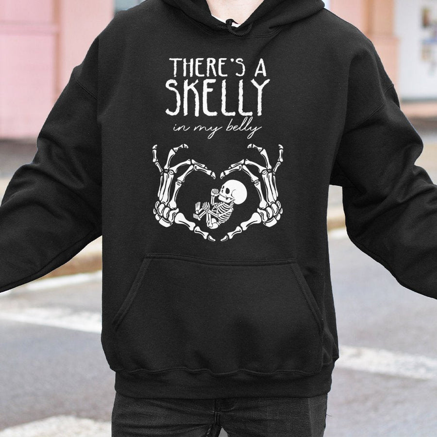 Skelly In My Belly Hoodie | Funny Halloween Maternity Sweatshirt | Premium Cotton-Poly Blend | Cute Pregnancy Announcement Gift for Mom-to-Be