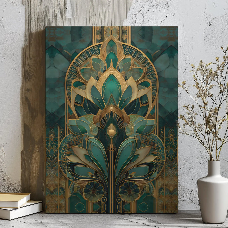 Art Deco Wall Art | Emerald Green and Gold Floral Geometric Canvas | Premium Gallery Wrap Print | Luxury Modern Home Decor