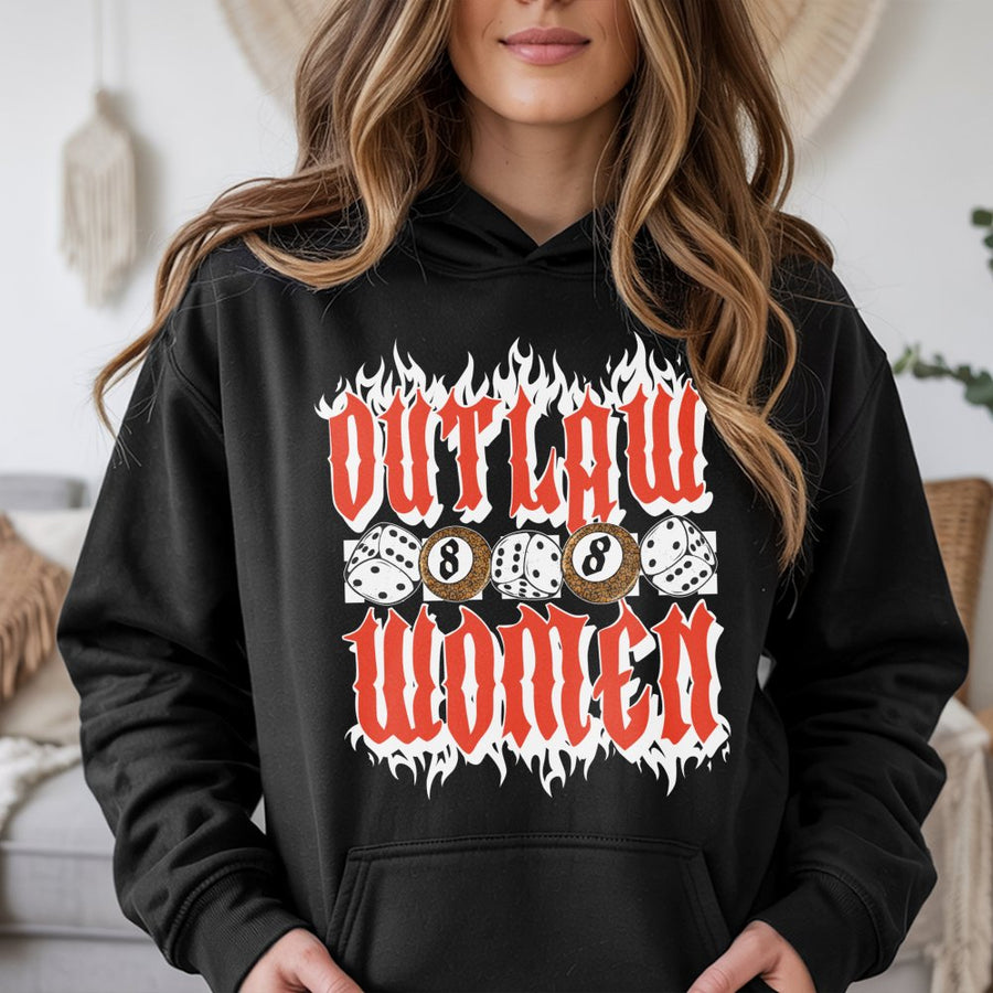 Outlaw Women Hoodie | Flaming Dice and 8-Ball Graphic | Premium Cotton Blend | Edgy Western Style Gift for Her