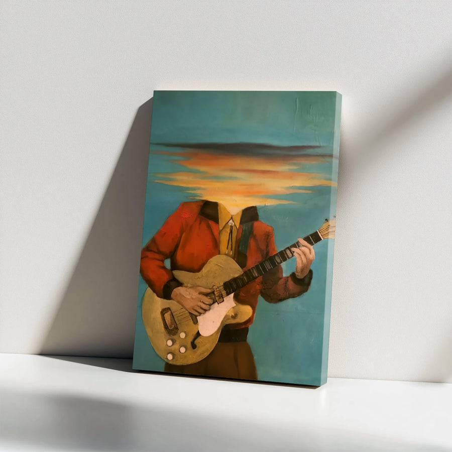 Surrealist Guitarist Canvas Print | Sunset Cloud Head Wall Art | Premium Gallery Wrap Decor | Musician Gift for Music Lover