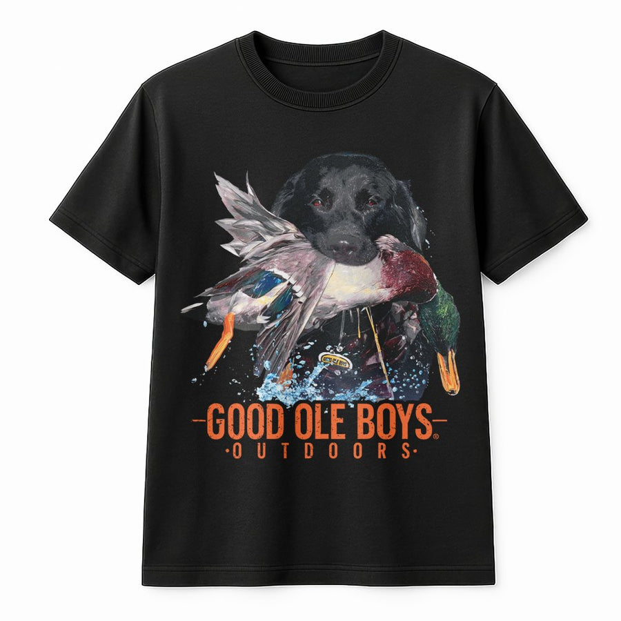 Duck Hunting Retriever T-Shirt | Black Labrador Duck Dog Graphic | Premium 100% Cotton Tee | Wildlife Sportsman Gift for Outdoor Enthusiasts