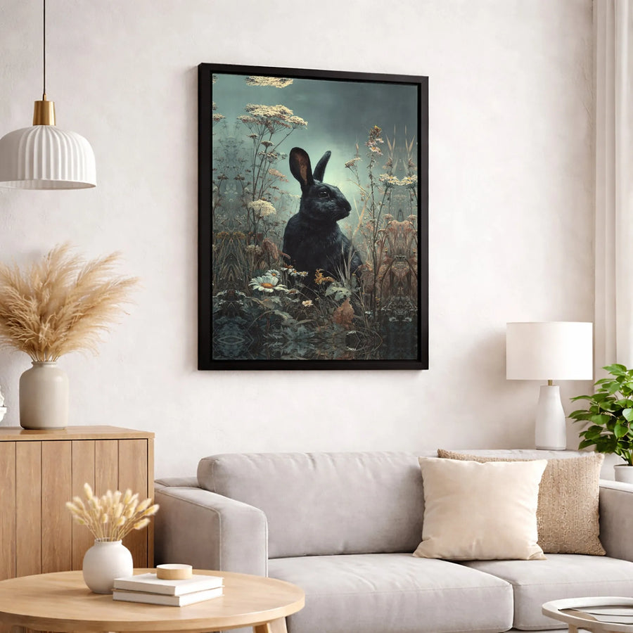 Black Rabbit Wall Art | Moody Wildflower Meadow Canvas Print | Premium Gallery-Wrapped Decor | Nature-Inspired Home Gift for Animal Lovers